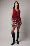 Woolen Plaid Slit Mini Skirt - Cream/Red
