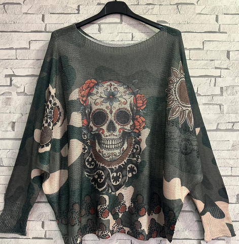 Italian Olive Skull Printed Sweater