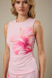 Round Neck Sleeveless Flower Print Mesh Top - Pink