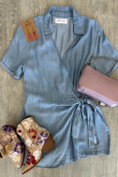 Q2 Tencel Denim Wrap Romper - Blue