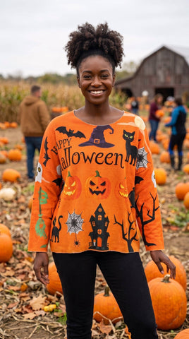 Orange Cozy Italian Halloween Night Printed Sweater
