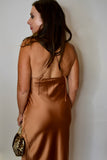 Stretch Silky Satin Bias Slip Dress with Slit - Caramel