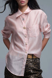 The Q2 Silky Shirt with Button Medley- Pink