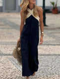 Italian Two-tone Contrast Halter Neck Maxi Dress