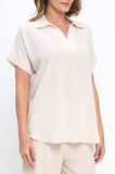Becky Linen Solid V neck Collared Short Sleeve Top