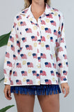 American Flag  Print Collar Button Down Shirt- White