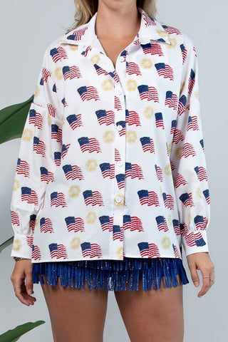 American Flag  Print Collar Button Down Shirt- White