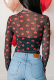Valentines Heart Sheer Mesh Long Sleeve Top