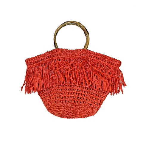 Santorini Bag - Coral Raffia Fringe Bag with Wood Handle