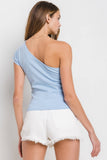 Solid One Shoulder Pleated Top- Sky Blue
