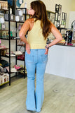 Q2 Skinny Light Wash Flare Jeans With Front Pockets- Blue