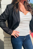 Q2 Oversized Cropped Blazer with Metallic Vichy Design - Black