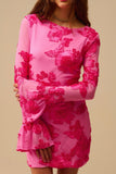 The Q2 Chiffon Mini Dress with Floral Brocade-  Fuchsia