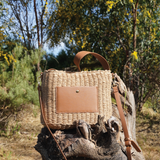 Sunset Straw Bucket Mini Tote Bag: Brown
