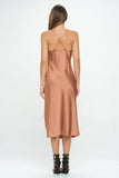 Stretch Silky Satin Bias Slip Dress with Slit - Caramel