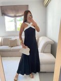 Italian Two-tone Contrast Halter Neck Maxi Dress