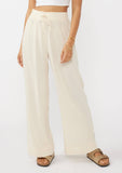 Ruffled Waist Washed Linen Cotton Wide-Leg Pant
