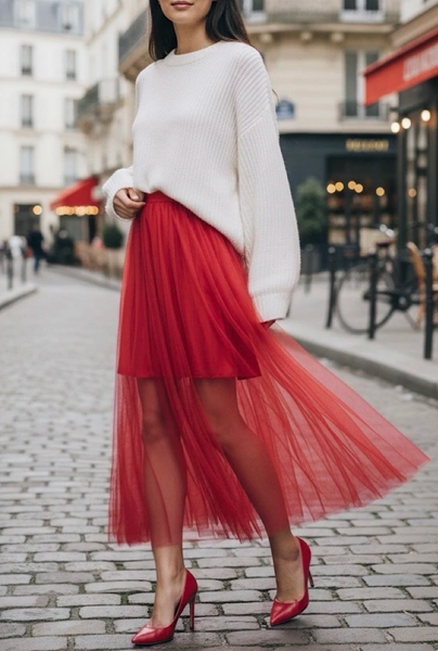 Italian One Size Layered Sheer Tulle Midi Skirt - Red