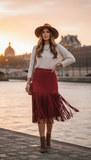Italian One Size Faux Suede Fringe Midi Pencil Skirt