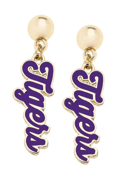 LSU Tigers Enamel Script Earring in Shiny Gold