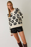 Round Neck Floral Pattern Sweater - Cream/Black