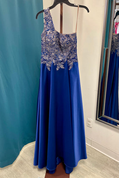 Xscape Petite Embroidered Asymmetrical Neckline Evening Gown - Royal Sapphire