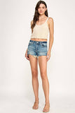 Petra Mid Rise Stretch Jean Shorts with Frayed Hem