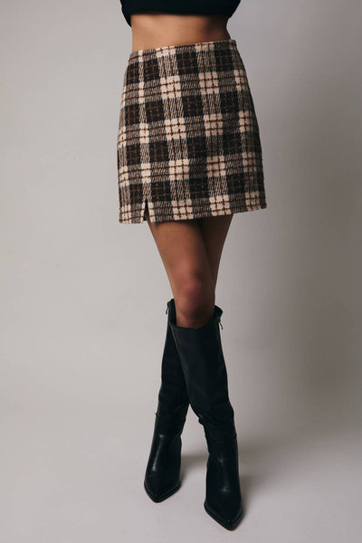 Woolen Plaid Slit Mini Skirt - Taupe/ Brown