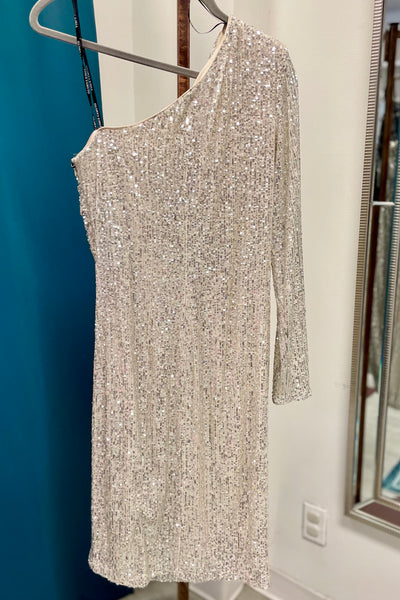 Vince Camuto Sequin One Long Sleeve Party Cocktail Dress - Silver