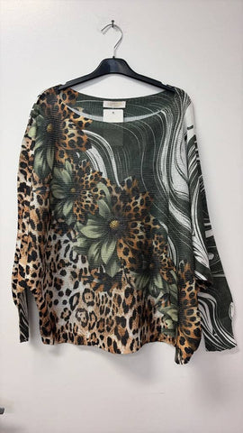 Leopard Daisy Swirl Print Italian Knit Sweater