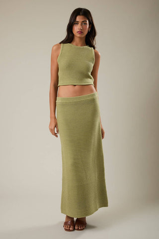 High Waisted Ribbed Sweater Midi Skirt- Matcha