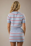 Stacie Short Sleeve Collared Striped Sweater Top - Light Blue/Red