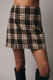 Woolen Plaid Slit Mini Skirt - Taupe/ Brown