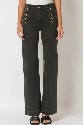 The Q2 Straight Leg Jeans with Gold Button Details - Khaki