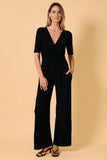 V-Neck Elbow Sleeve Surplice Wrap Jumpsuit