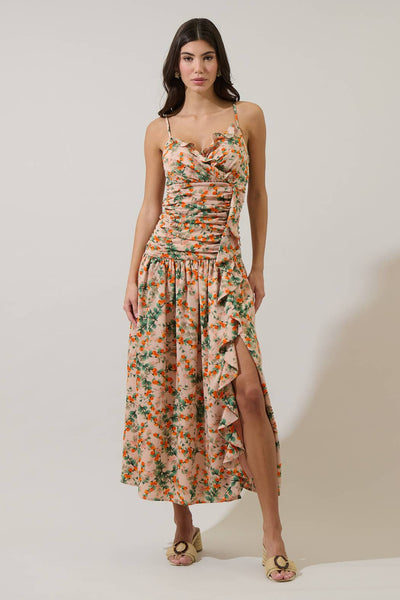 Heida Floral Bristol Ruched Maxi Dress- Orange