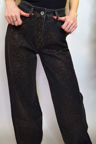 The Q2 Leopard Print Straight Leg Jeans with Strass Detail- Black