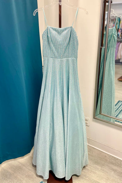 TLC Prom Rhinestone Lace Up Gown - Light Blue/Silver