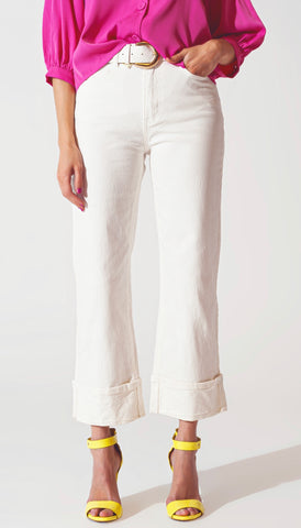 Straight Leg Cropped Hem Jeans-White