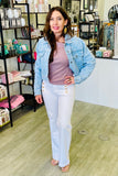 The Q2 Heart Embellished Oversized Denim Jacket - Light Wash