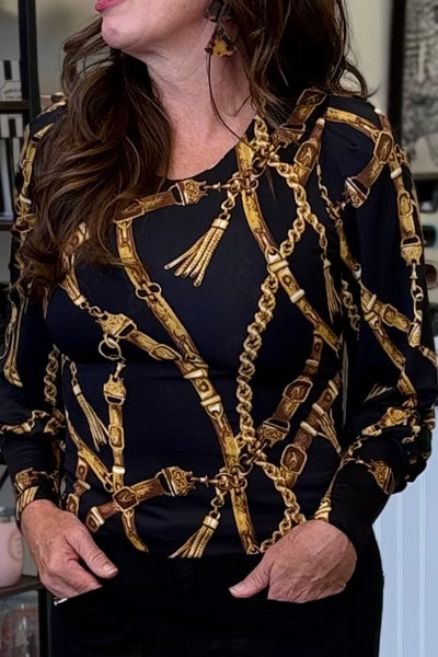 Annika Puff Sleeve Top - Black Chain Print