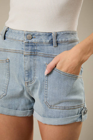 Sunday Stretchy Mid Rise Denim Shorts