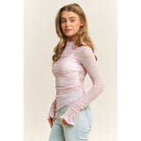 Mesh Heart Flocking High Neck Long sleeved Shirt