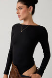 Boat Neck Long Sleeve Bra Friendly Open Back Bodysuit