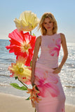 Round Neck Sleeveless Flower Print Mesh Top - Pink