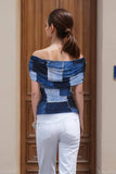 Jenny Off Shoulder Top with Denim Patch Print- Blue