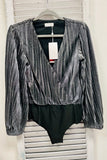 The Q2 Shiny Glitter Bodysuit with Deep V - Silver or Gold