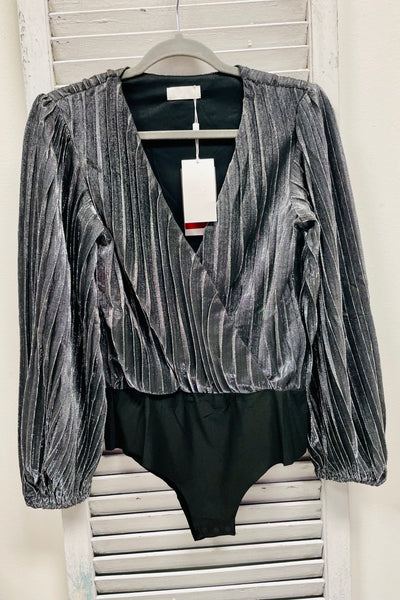 The Q2 Shiny Glitter Bodysuit with Deep V - Silver or Gold