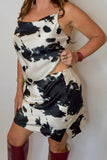 Western Cow Print Satin Mini Skirt with Slit