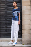 Jenny Off Shoulder Top with Denim Patch Print- Blue